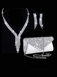 Conjunto com 3 Peças: 1 Peça Bolsa de Embreagem Elegante Versátil da Moda Feminina com Lantejoulas, 1 Peça Bolsa de Ombro com Corrente, 1 Peça Colar e Brincos com Decoração de Borla de Strass para Festa e Uso à Noite