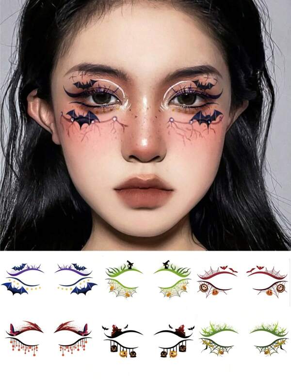 6 Sheets Face Tattoos Halloween Temporary Tattoos Women Waterproof Eyeshadow Stickers Fake Tattoos With Pumpkin Spider Web Butterfly Skull Bat Tattoos For Face Makeup Music Festival Halloween Party
