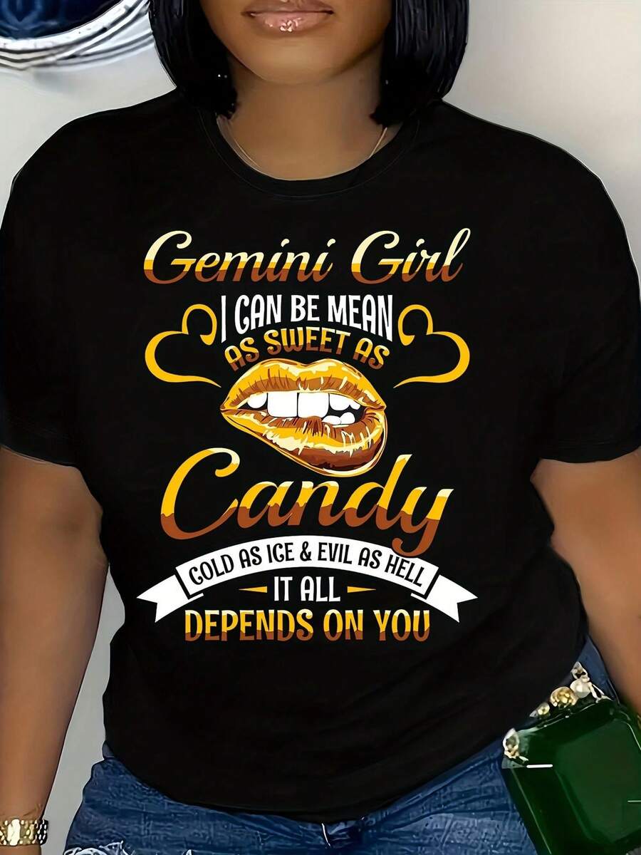 Plus Size Women Gemini Graphic T Shirt Casual Crew Neck Short Sleeve Black Top With Golden Yellow Lip Print Ideal Spring Summer Size L-3XL 4XL 5XL - màu đen - Xem 1