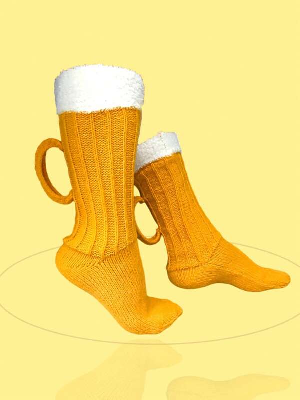 1 par de calcetines unisex cálidos con diseño 3D de cerveza, calcetines de punto para el otoño/invierno
