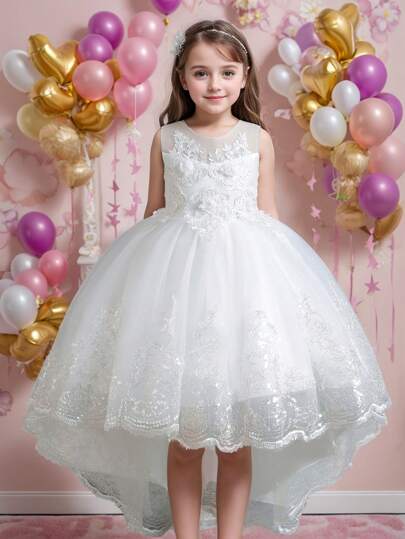 Vestido de niña sin mangas con malla y vuelo tipo princesa, traje formal para concursos de belleza, talla grande infantil