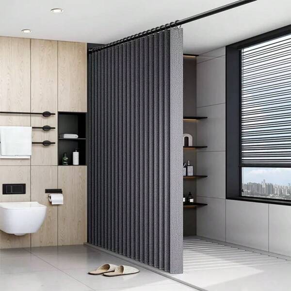 1 Folding Bathroom Shower Curtain Set, Gray Curtain High-Temperature Wrinkle Polyester, Waterproof, Mold-Resistant, With Hooks, Machine Washable, Modern Design Back To School
