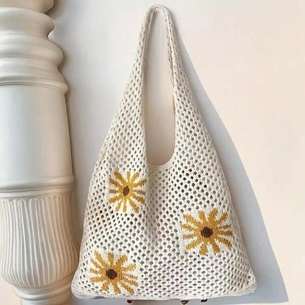 1pc Fashionable Jacquard Hollowed-Out Knitted Tote Bag With Chrysanthemum Pattern, Minimalist Floral Graphic Shoulder Bag For Summer, Airy Roomier Beach Bag Suitable For Women Everyday, Street, Vacation Travel, Great Gift