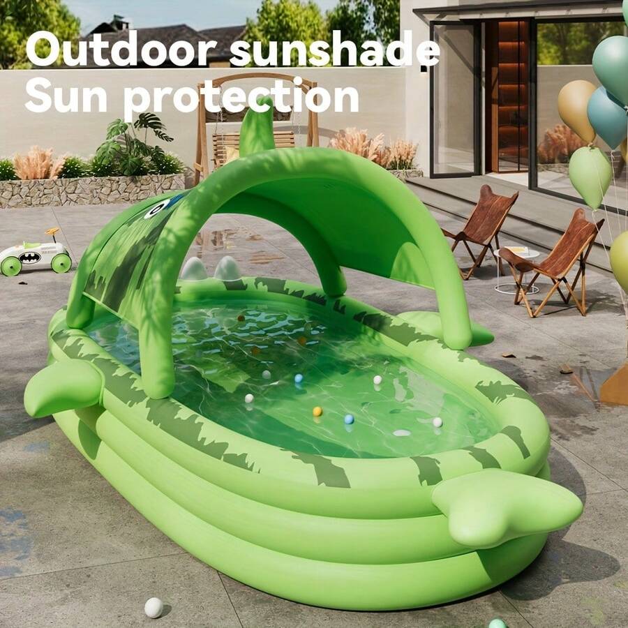 Giant Shark-Themed Inflatable Swimming Pool For Family Fun - PVC, Easy Storage, Perfect For Outdoor Parties, Summer Water Games, And Backyard Entertainment, Green With White Light Beige & Yellow Eyes Design
