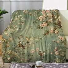 1 件复古花卉和鸟类印花法兰绒毛毯 - 柔软、舒适、四季皆宜，适用于沙发、床、汽车、办公室、露营和旅行，绿色背景搭配优雅花卉图案，是任何场合的完美礼物，旅行盖毯 | 复古美学 | 数码印刷品质