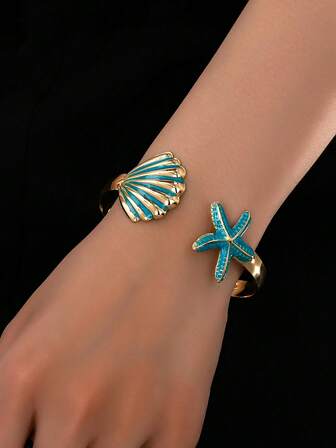 1pc Metal Fashion Ocean Series Starfish Bangle, Adjustable Open Cuff Bracelet For Women, Suitable For Vacation, Beach, Daily Wear, Date Outfit