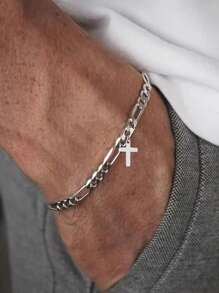 1pc Minimalist Hollow Cross Pendant Stainless Steel Chain Bracelet, Gift For Men Daily Wear