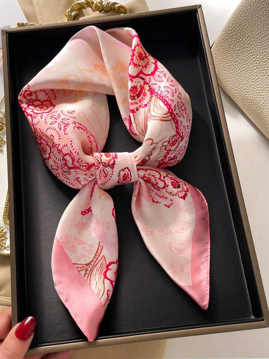 1pc Fashionable Fresh Elegant Retro Pink Floral Print Polyester Scarf - Pink - View 1