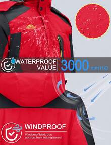KEFITEVD Men's Mountaineering Ski Jacket Casual Warm Winter Jacket Outdoor Sports Jacket Wind And Waterproof Fleece Lined Jacket Multifunctional Jacket With Full Zipper And Detachable Hood - Đỏ tươi - Xem 3