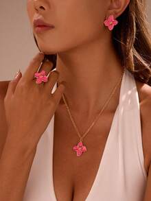 1 Set Of 4pcs Colorful Crystal Flower Pendant Necklace, Earrings And Ring Jewelry Set, Sweet & Fashionable, Suitable For Daily Wear, Vacation, Evening Party, Gift For Friends - Four-petal Flower Set - View 2