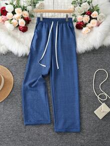 Pantalones largos casuales y versátiles con cordón en la cintura y bolsillos, para primavera - azul real - Ver 4