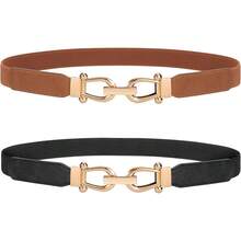 Women's Stretchy Elastic Skinny Belt With Gold Buckle - J-đen+đỏ - Xem 2