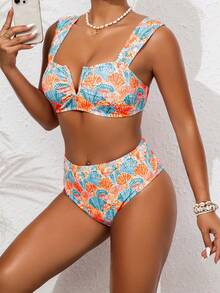 Women's Sexy Deep V-Neck Sea Shell Printed Bikini Top & High Waist Slimming Triangle Bottom Bikini Set Set, Suitable For Beach Holiday