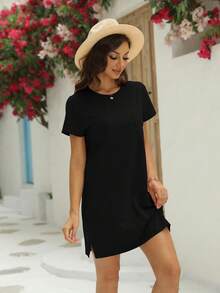 Women T Shirt Mini Dress Summer Short Sleeve Crew Neck Casual Dress With Pocket - 黑色 - 查看 3