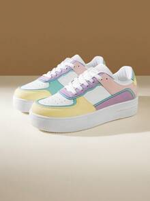 女士时尚休闲系带厚底运动鞋，厚底防水白色运动鞋，适合春秋季节穿着 - 彩色 - 查看 3