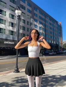 Women One Piece Skirt 2 In 1 Flowy Basic Versatile  Stretchy Flared Casual Mini Skirts - Black - View 4