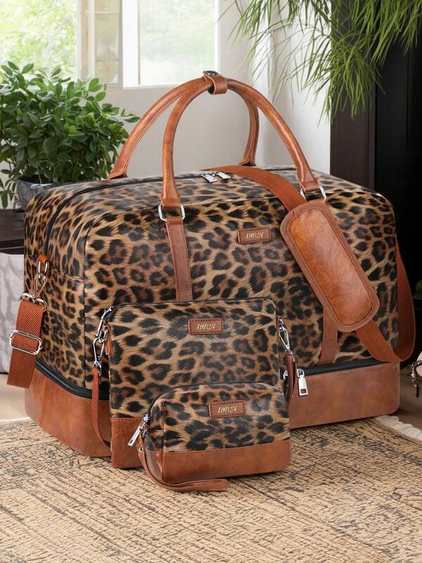 IBFUN 3pcs Travel Bag Set Handheld Gym Bag Foldable Tote Bag With Shoe Compartment Fitness Storage Bag Weekend Travel Bag Suitable For Business Trip Travel Clothing Storage Leopard Print Cheetah Print Travel Essentials Holiday Vacation Bag Luggage Suitcase Travel Bag For Women
