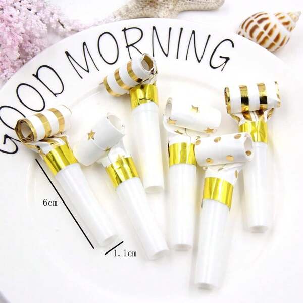 3pcs/Set Gold Foil Blowout Decorations, Birthday Party Supplies, Paper Blowers, Whistles