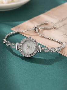 时尚女士手链表，奢华圆形表盘，钻石水钻水晶波纹设计，金属石英表，女友礼物 - 銀色 - 查看 5