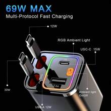 YITUMU Caricabatterie per auto retrattile 4 in 1, caricatore USB-C da 69W con porta accendisigari, compatibile con telefoni iOS e Android, con luce RGB a respiro