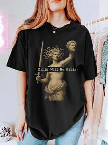 女士夏季复古美杜莎抱头图案印花圆领短袖简约休闲黑色日常加大码 T 恤上衣、Girls Will Be Girls 图案印花女士上衣、希腊神图案印花女士夏季服装、女权主义图案印花夏季上衣 - 黑色 - 查看 3