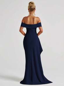 Sexy Off-Shoulder Slit Elegant Fitted Dress, Wedding Extra Long Formal Gown, Bridesmaid Dress, Christmas Party Dress, Cocktail Formal Dress - Navy Blue - View 6