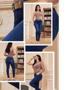 pantalon para dama mujer entubado skinny ajustado calidad stretch Liso    Casual    Mezclilla    Ninguno  Bolsillo  Botón    Diario    diario - Azul - Ver 3