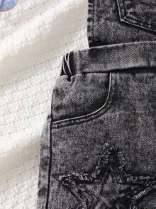 New Style Baby/Toddler Girls Distressed Denim Embroidered Casual Versatile Overalls - Black - View 9