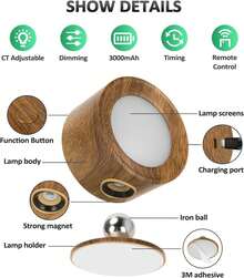 Luces de pared LED, apliques de pared 3 piezas con control remoto, batería recargable, 3 temperaturas de color y regulable, lámpara de pared magnética con rotación de 360°, luz inalámbrica para dormitorio y sala de estar - Enchufe US - Ver 8