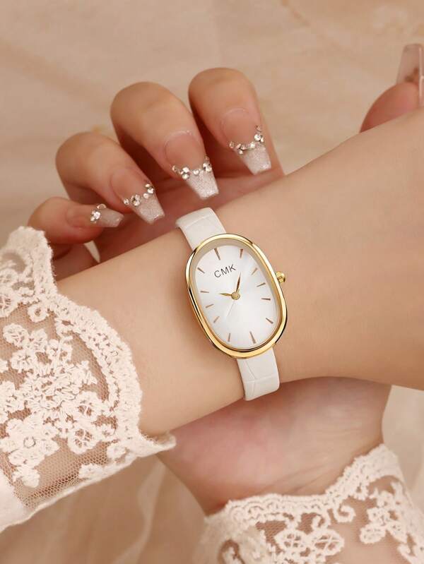 1 pieza Reloj de pulsera de cuarzo de piel de PU ovalado elegante para mujeres, reloj de pulsera metálico minimalista y casual, regalo perfecto para el Día del Maestro, Acción de Gracias, Día de la Madre, Graduación de estudiantes, Cumpleaños