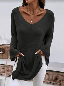 Plus Size Solid Color Round Neck Casual Loose Side Slit Asymmetrical Hem Knit Pullover Sweater Black Spring - Black - View 4