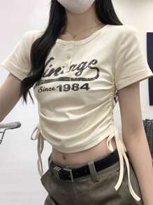 Summer Korean Style Fitted Letter Print Drawstring Button Design Short Sleeve T-Shirt