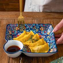 1pc Bohemian Ceramic Dinner Plates With Sauce Dish, Rectangle Decorative Dipping Sauce Plates, Multi-Compartment Serving Trays For Dumplings, Breakfast, Fruits - Perfect Gift For Christmas Dinner, Thanksgiving, Easter Brunch, Mother's Day & Housewarming - 19.05 Cm,School Supplies - Multicolor - View 8