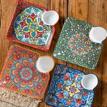 1pc Bohemian Ceramic Dinner Plates With Sauce Dish, Rectangle Decorative Dipping Sauce Plates, Multi-Compartment Serving Trays For Dumplings, Breakfast, Fruits - Perfect Gift For Christmas Dinner, Thanksgiving, Easter Brunch, Mother's Day & Housewarming - 19.05 Cm,School Supplies - Multicolor - View 6
