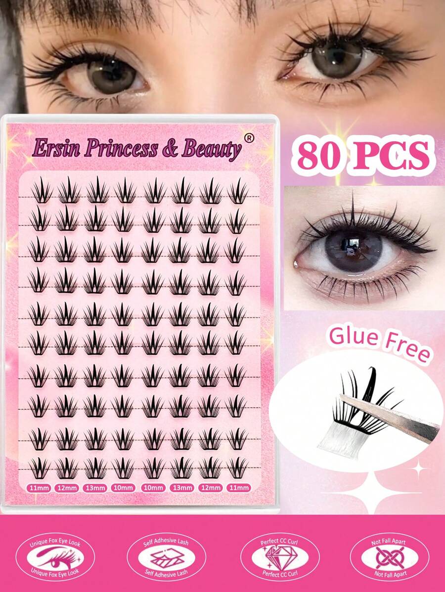 80 pezzi di ciglia a grappolo autoadesive C-Curl, lunghezze miste da 10-13mm, kit di ciglia individuali soffici senza bisogno di colla, estensioni di ciglia fai-da-te con colla pre-applicata, ciglia a grappolo naturali e sfilacciate, estensioni di ciglia a ricciolo C senza bisogno di colla o di solvente, ciglia finte