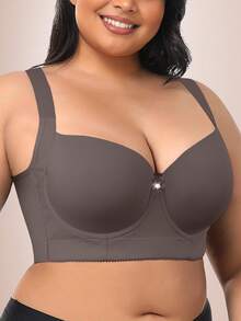 Mocha Brown Seamless Plus Size Women's Underwear Smooth And Simple Gathering Bra, Lift