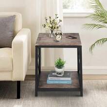 FurnitureR Mesa Auxiliar Industrial de 2 Niveles con Estante de Almacenamiento Resistente y Fácil de Montar Muebles Decorativos de Aspecto de Madera con Marco de Metal Negro Industrial - Negro (50 x 50 x 56 cm) - Ver 8