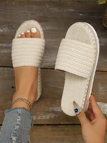 新款坡跟厚底女式时尚凉鞋，舒适休闲鞋 - 米色 - 查看 2