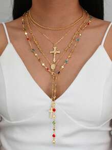 1/4pcs Vintage Metal Jesus Cross Pendant Y-Shaped Long Necklace, Boho Style Colorful Crystal Pendant Necklace Set, Suitable For Women Daily And Vacation Wear, Holiday Gift For Friends (Crystal Color Random)