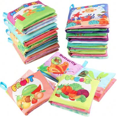 1Pc Sensory Cloth Book For Babies, Baby Cloth Book Early Learning Toys With Crepe Paper, 4 Sides 8 Pages English Mini Book Animal Fruit Farm Cloth Book