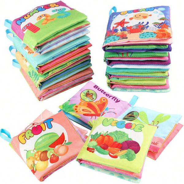 1 pièce Livre en tissu sensoriel pour bébés, livre en tissu éducatif précoce pour bébé avec papier crêpé, 4 côtés 8 pages, livre miniature en anglais sur les animaux, les fruits et la ferme