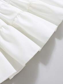 女童夏季泡泡袖拼接下摆连衣裙 + 牛仔吊带开衫套装，时尚百搭返校套装 - 白色 - 查看 7