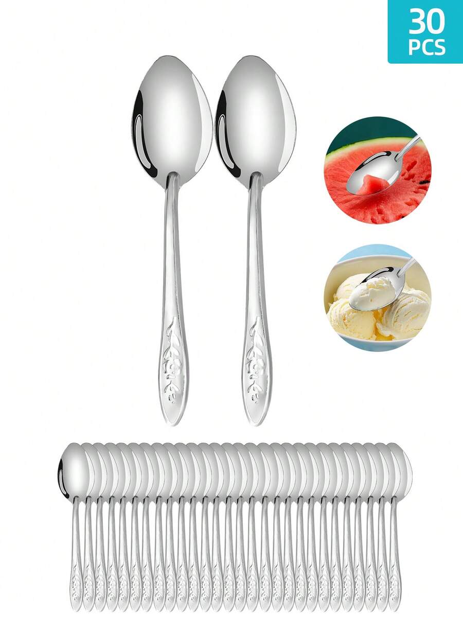 不锈钢银色饰面勺子套装，30 件 - 专用耐用防锈挖西瓜、冰淇淋、咖啡搅拌和甜点勺 - 适合家庭、咖啡厅、下午茶和酒吧、婚礼、节日派对餐具、圣诞礼物、送礼 - 厨房用具 - 湯匙 - 查看 1