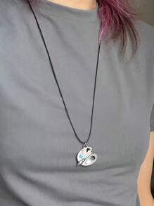 1pc Color Palette Hollow Pendant Necklace, Unisex Stainless Steel Leather Cord Fashion Punk Jewelry For Daily & Party Outfit