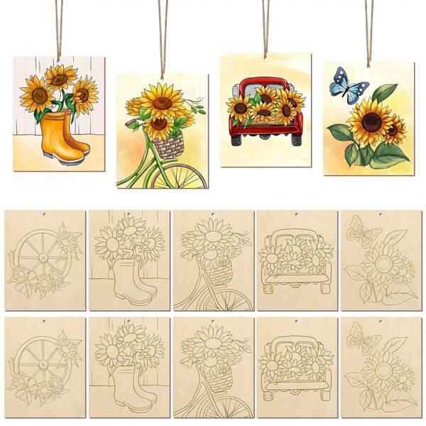 10pcs Unfinished Wooden Sunflower Craft DIY Painting, Wooden Decor Supplies For Painting, Summer Sunflower Wooden Slice Craft Supplies With Rope