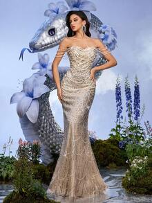 Elisanya Đầm dạ hội trang trí ngọc trai tinh tế LUVISTRUE Fairy Temperament cho nữ Váy dạ hội sequin cho mùa tốt nghiệp Dạ hội, tiệc sinh nhật, dạ tiệc, tiệc cocktail, hòa nhạc, lễ trao giải Váy dài chấm đất một bên vai màu trơn - Màu be - Xem 6