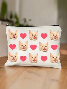 Tas Kosmetik Bertema Kucing Kustom, Hadiah Bertema Kucing yang Lucu, Tas Kosmetik Perjalanan Kecil untuk Pecinta Hewan Peliharaan, Kantong Penyimpanan dengan Resleting - Krem - View 3