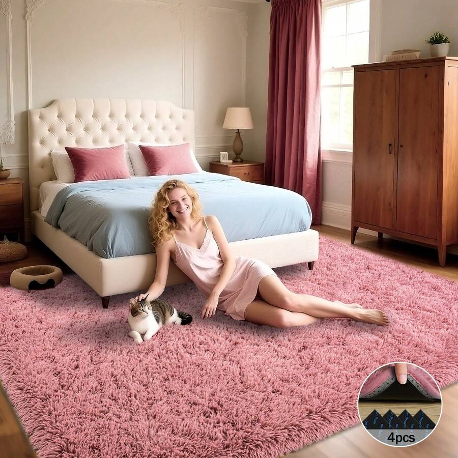 Fluffy Plush Bean Paste Color Carpet, Cheap Living Room Carpet, Upgraded Non-Slip Black Bottom, Suitable For Bedroom Carpet, Living Room Carpet, Room Decoration Carpet (Comes With 4 Carpet Stickers), Perfect Housewarming Gift. - Màu đậu phụ - Xem 1