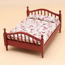 1pc Miniature European Style Wooden & Fabric Doll House Bedroom Furniture Set, Double Bed & Nightstand, Suitable For Doll House Play, Birthday Gifts, Christmas Gifts