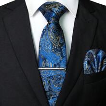 Juego de 5 piezas, corbata clásica de hombre con estampado de cachemira, corbata de tela de 1200 agujas con flor de anacardo, pañuelo de bolsillo, gemelos, clip de corbata y alfiler de solapa, adecuado para hombre en trabajo, negocios, formal, boda, casual y graduación